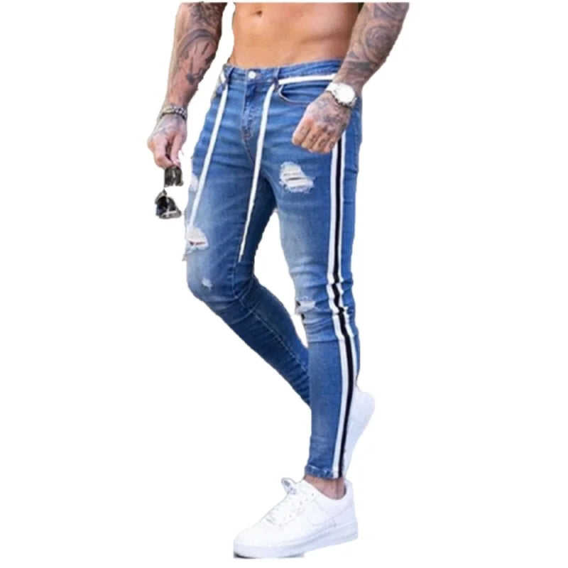 FORUWISH  -  Fashion Street Style Knee Ripped Skinny Jeans Men Vintage Wash Solid Denim Trouser Mens Casual Slim Jogging Pants Men Clothes