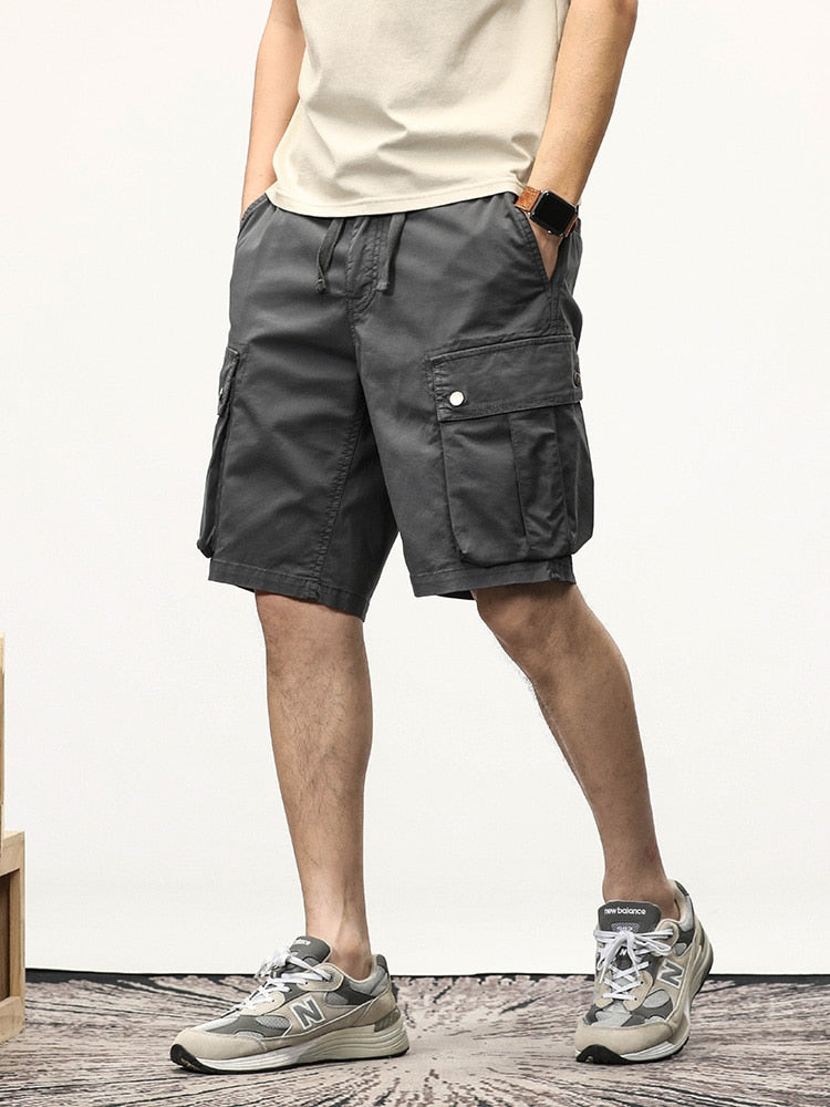 Summer Multi-Pockets Cargo Shorts Men Solid Military Stretch Cotton Casual Bermuda Shorts Male Straight Loose Work Short Pants