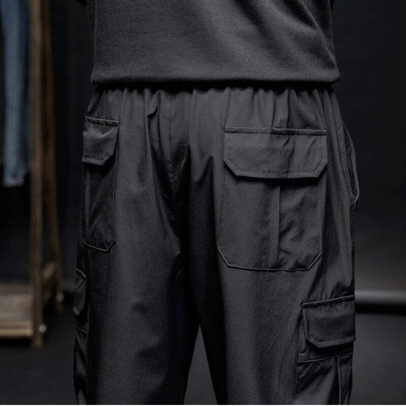 Summer Solid Color Ice Silk Large Pocket Men's Cargo Pants Classic Waist Drawstring Loose Tie One's Feet Street Casual Trousers