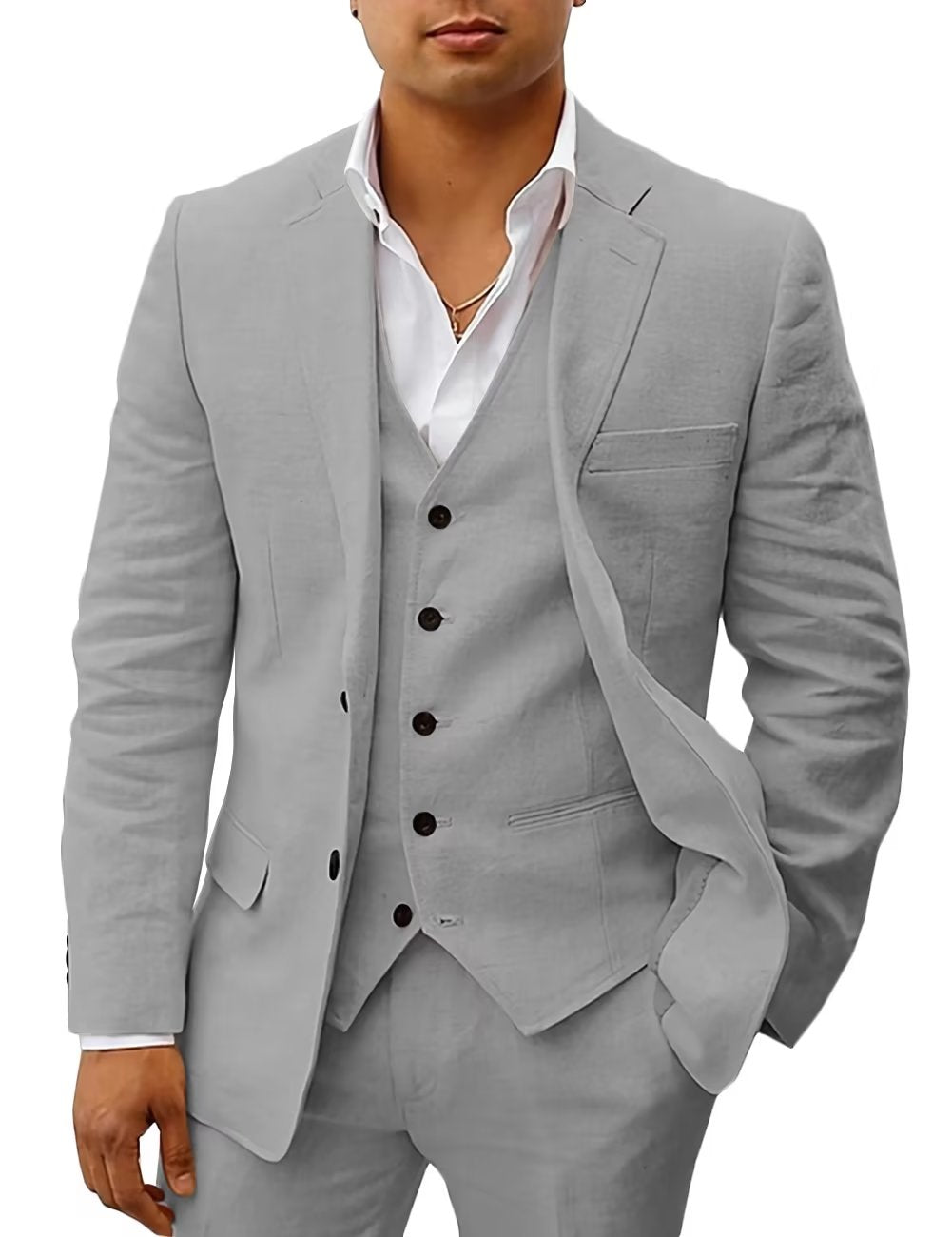 3Pcs Summer Linen Men Suits Jacket+Vest+Pants Solid Color Notch Lapel Formal Tuxedo Groom Beach Business Party Blazer Set