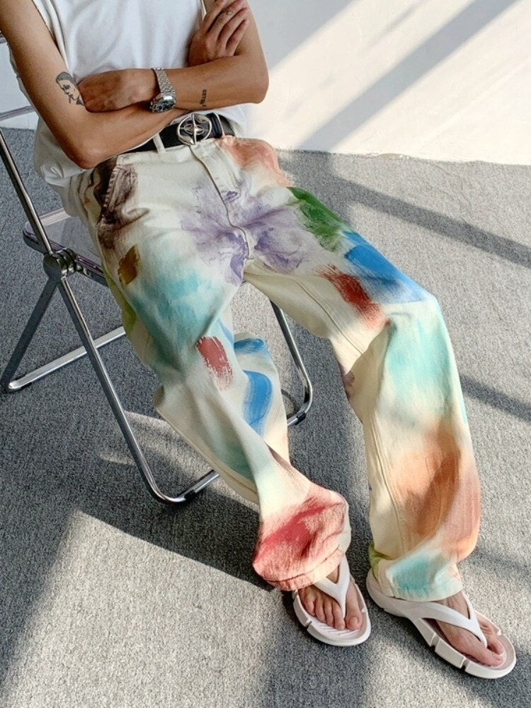 Oldschool hand-painted oil painting jeans with colorful paint style, high-end pants, trendy floor mops