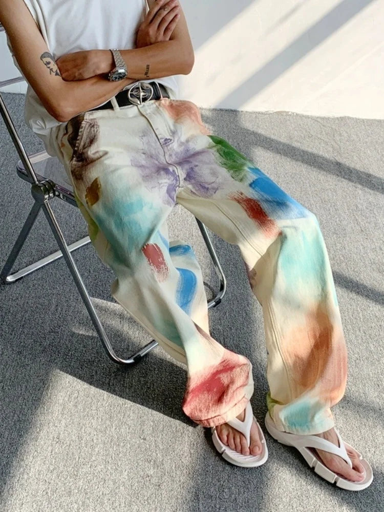 Oldschool Hand-painted Oil Painting Jeans with Colorful Paint Style, High-end Pants, Trendy Floor Mops