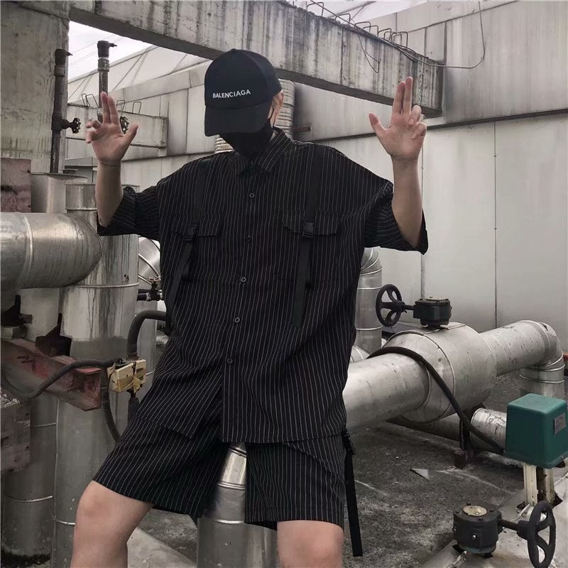 2023 Summer Men's Tracksuit Retro Stripe Ribbon Shirt and Cargo Shorts Fashion Half Sleeve Loose Two Piece Set for Unisex Black