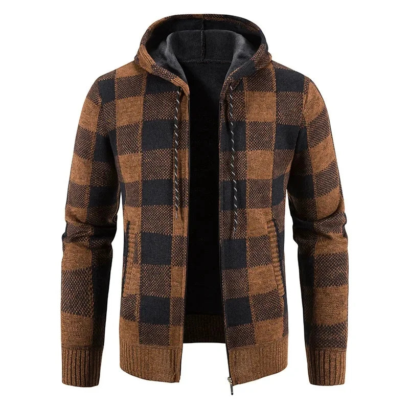 FORUWISH  -  Autumn Men's Plaid Fleece-Lined Hooded Warm Sweater Casual Scenario Logo Printable Other Material China Mainland Origin