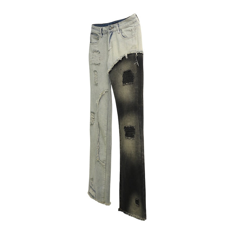 Mr. Black, avant-garde and cutting-edge design, heterochromatic stitching, tattered beggar pants, with slight ruffled edges, and