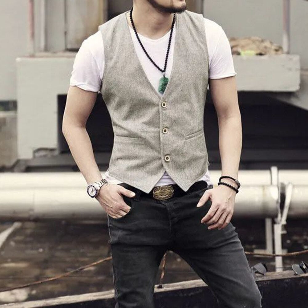 Men's Business British Style Retro Linen Vest Summer Thin Section Slim Three Button V-Neck Slim Gentleman Casual Formal Vest