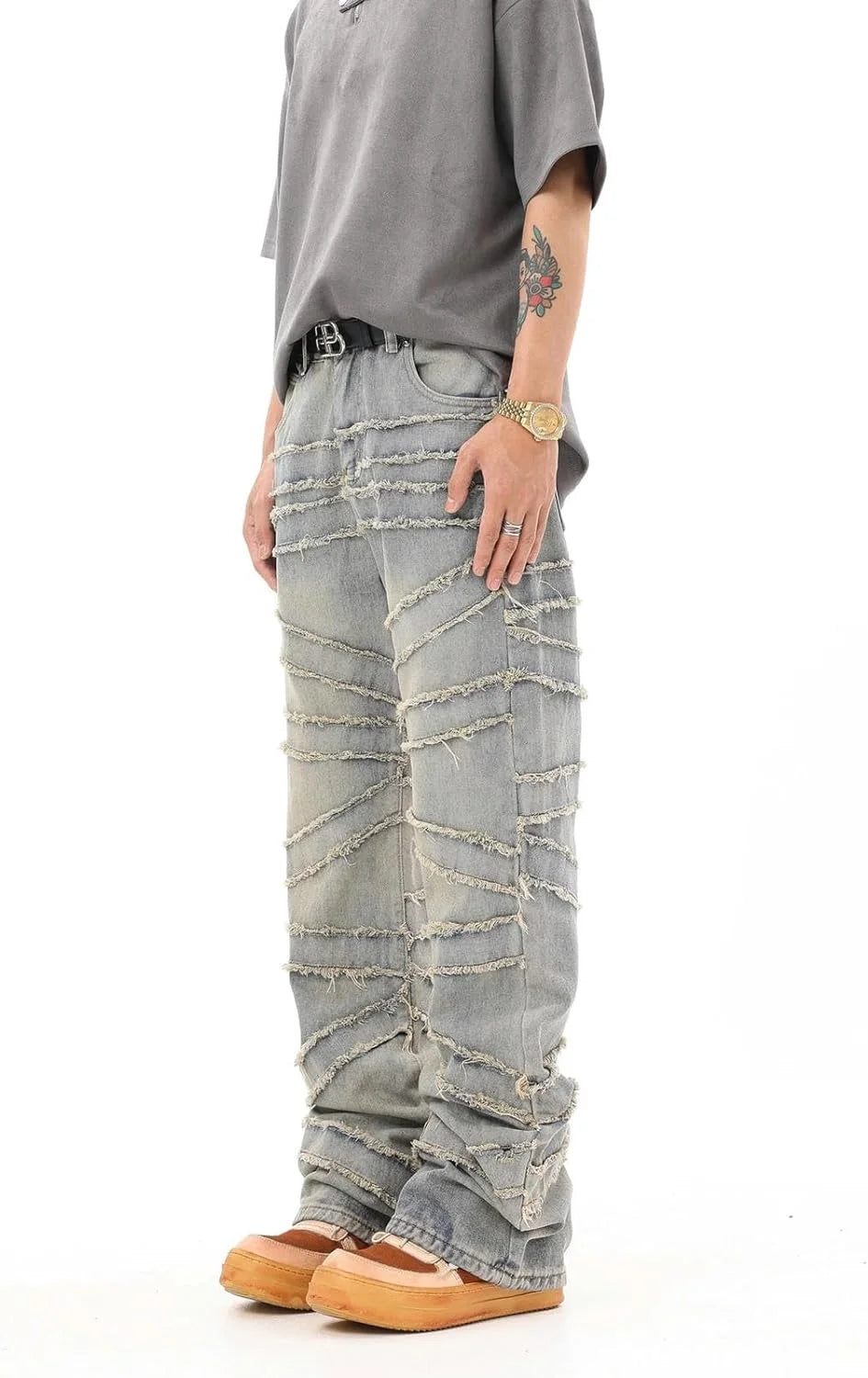 Retro Distressed Line Wool Jeans 2024 Summer New Men's and Women's Street Casual Wash Heavy Slim Y2k Bootcut Jeans Denim