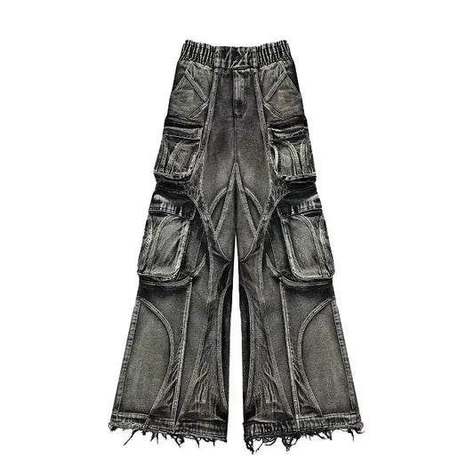 FOURWISH  -  Retro Punk Function Wind Multi-Pocket Washed Loose Jeans Y2K New Harajuku Hip Hop Gothic High Street Boy Joker Wide-Leg Pants