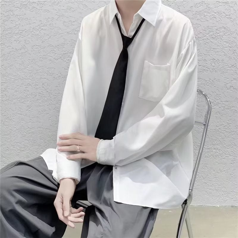 White Solid Shirts With Tie Men's Oversize Long Sleeve Casual Cardigan Fashion Spring Autumn Blouses Unisex Daily All-match Tops