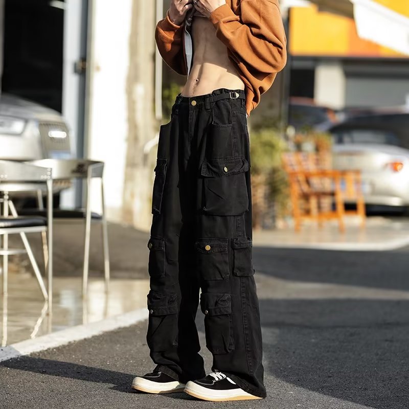 Street Popular White Multi-pocket Overalls Men's Harajuku Style Loose Casual Pants High Street Retro Women’s Slacks Trousers