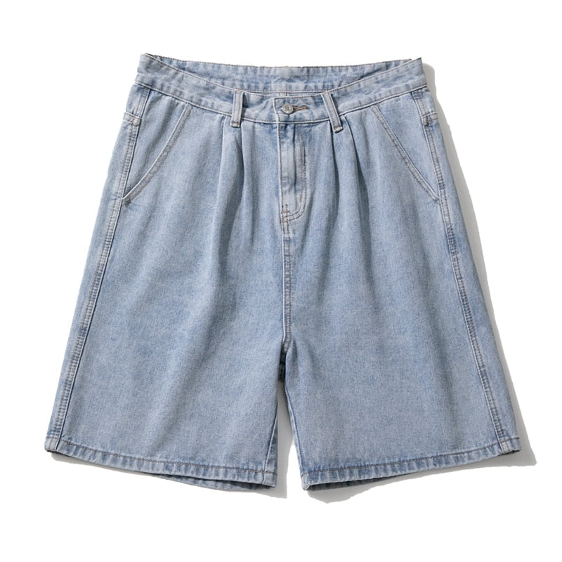 Summer New Men's Baggy Straight Denim Shorts Korean Style Fashion Casual Loose Short Jeans Male Light Blue Black