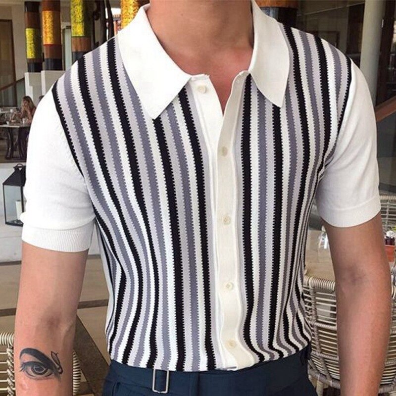 Stripe Polo Men T-shirt Slim Fit Bussiness Casual Fashion Knitted Summer Vintage Contrast Collar Short Sleeve