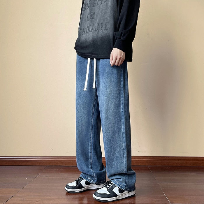 Streetwear Men's Elastic Waist Wide Leg Baggy Jeans Korean Fashion New Autumn Retro Oversize Jeans Male Drawstring Design Pants