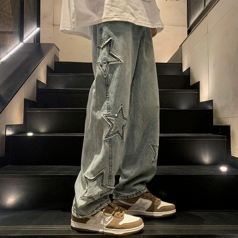 Vintage Star Embroidery Straight Denim Pants Men's Loose Fashion Hip-Hop Jeans New Casual Wide Leg Trousers Harajuku Streetwear