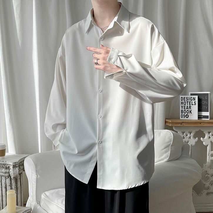 Black Long-sleeved Shirts Men Korean Comfortable Blouses Casual Loose Single Breasted Shirt