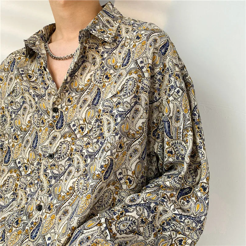 2024 Spring Autumn New Cashew Flower Print Long-sleeved Shirt Korean style Loose Casual Tee Tops Men All-Match Blouse