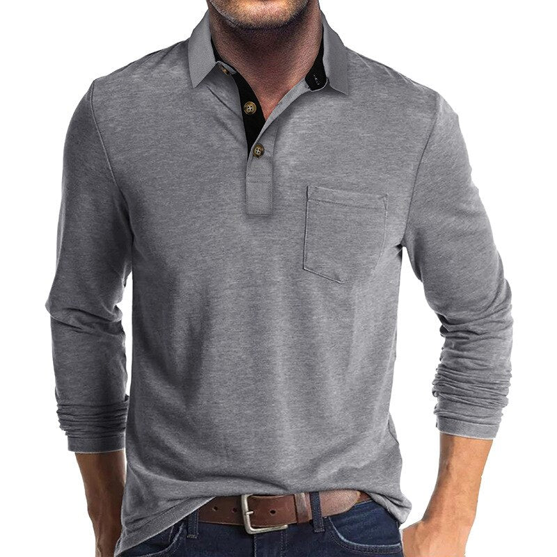 New Autumn Men's Polo Shirts Solid Color Long Sleeve Turn Down Collar Polo Shirts Men Fashion Pocket Casual Slim Tops Tees Man