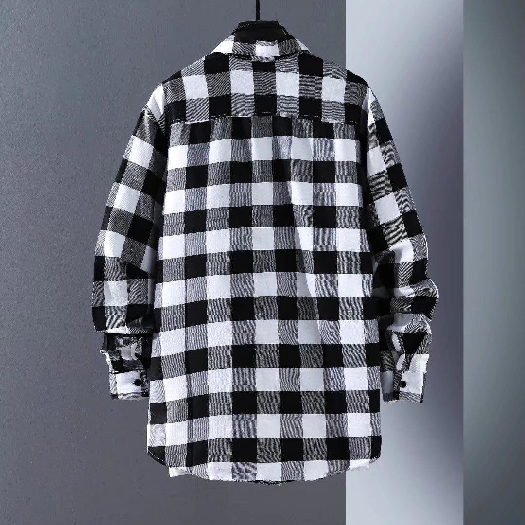 Luxury Business Black White Plaid Shirt Men's Korean Fashion Long Sleeved Jacket Collar Slim Fit Shirts And Blouses For Men