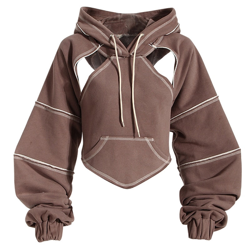 Crop Hip Hop Hoodies Women Pullover Spring Autumn Cutout Backless Bandage Short Hooded Sweatshirt Tracksuit