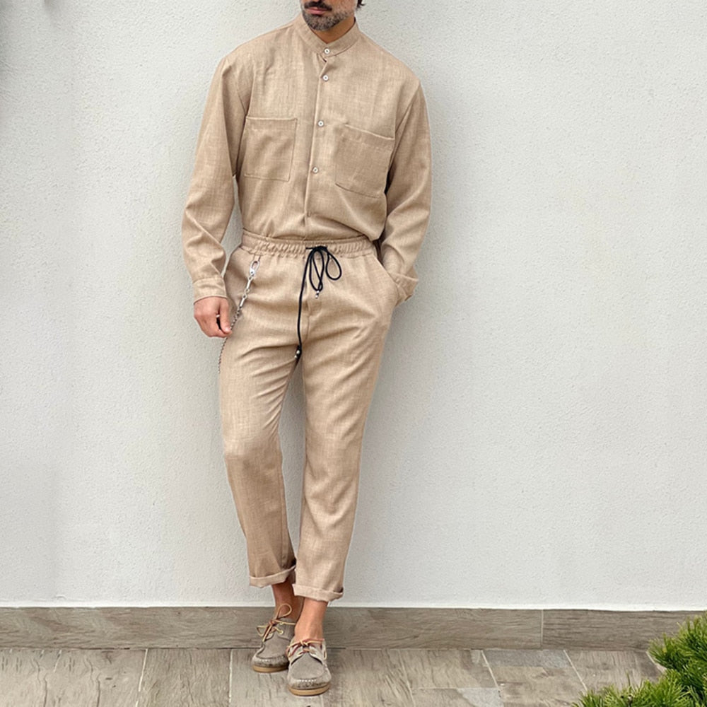 2023 Casual Cotton and Linen Suit Men's Casual Summer Vacation Solid Color Short-sleeved Shirt Straight Trousers Two-piece Set