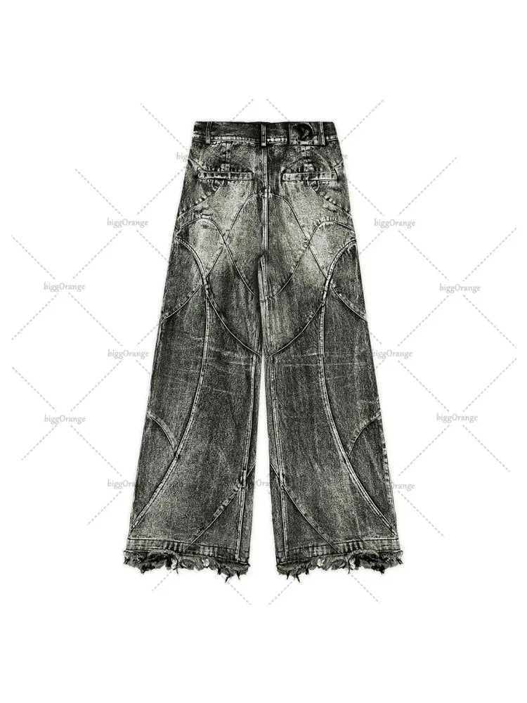 FORUWISH  -  Y2k Fashion New American Tassel Black And Gray Washed Jeans Men Street Gothic Punk Style Teenagers Retro Loose Wide-leg Pants