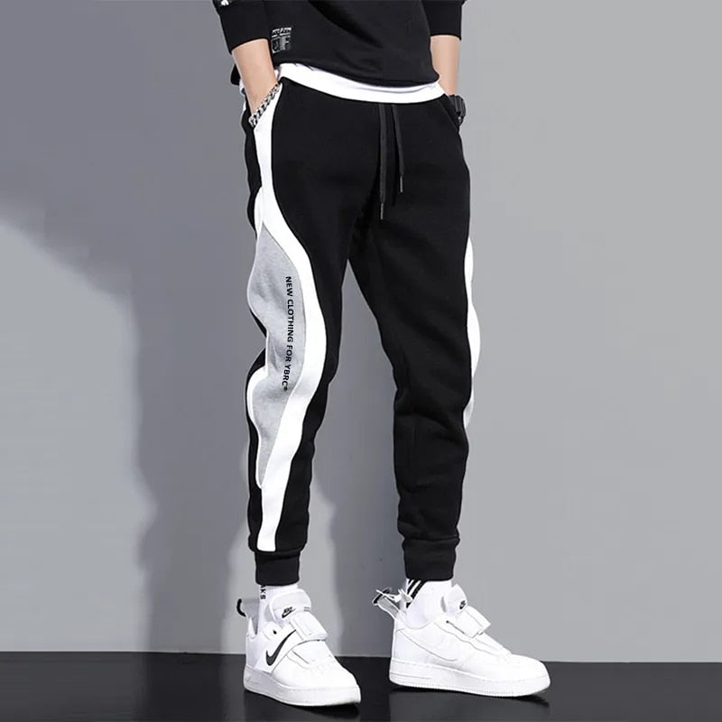 Spring Autumn Men's Wide Loose Casual Pants Mens Patchwork Nine-point Sports Pants Elastic Rope Breathable Tie-foot Trousers