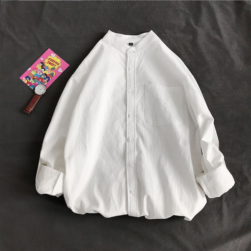 Simple Design Solid Colors Long Sleeve Shirts Korean Fashion Mandarin Collar 100% Cotton White Black Shirt Soft and Comfort