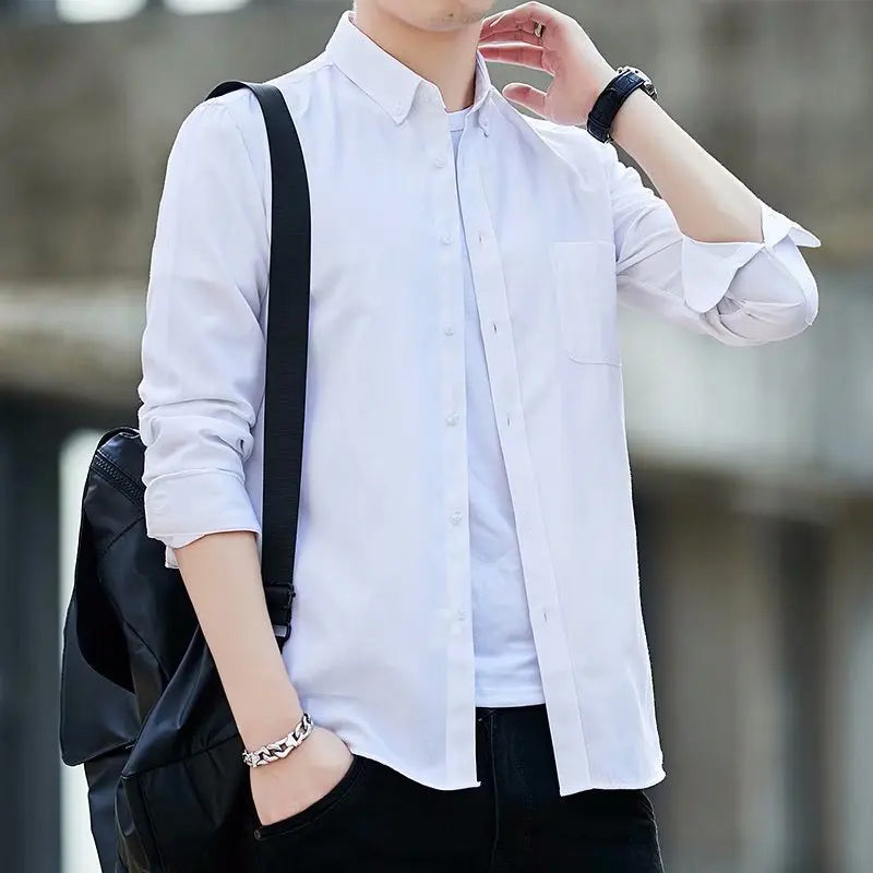 Fashion Lapel Pockets Solid Color All-match Shirt Men's Clothing Autumn New Oversized Casual Tops Loose Korean ShirtS