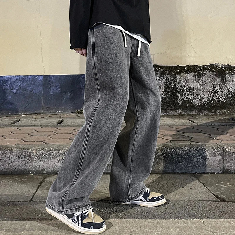 Men's Jeans Korean Version Student Casual Pants High Street Straight Loose Wide Leg Jeans Black Grey Blue Baggy Trousers