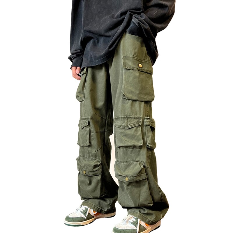 New 2023 Mens Cargo Pants Multi Pockets Harajuku Vintage Loose Wide Leg Streetwear Casual Hip Hop Trousers