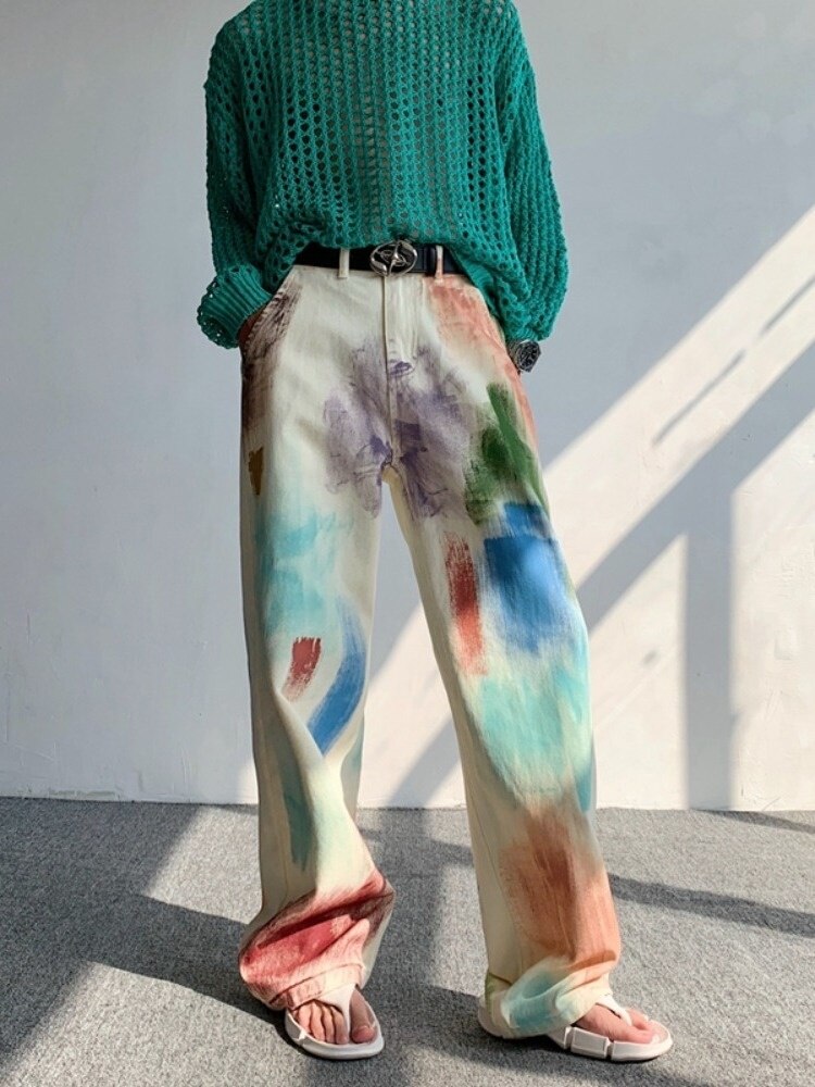 Oldschool hand-painted oil painting jeans with colorful paint style, high-end pants, trendy floor mops