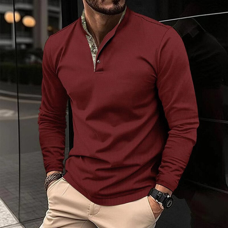 Classic Mens Polo Shirts Long Sleeve Spliced Buttoned Crew Neck Polo T Shirt Autumn Vintage Buttoned Loose Pullover Tops For Man