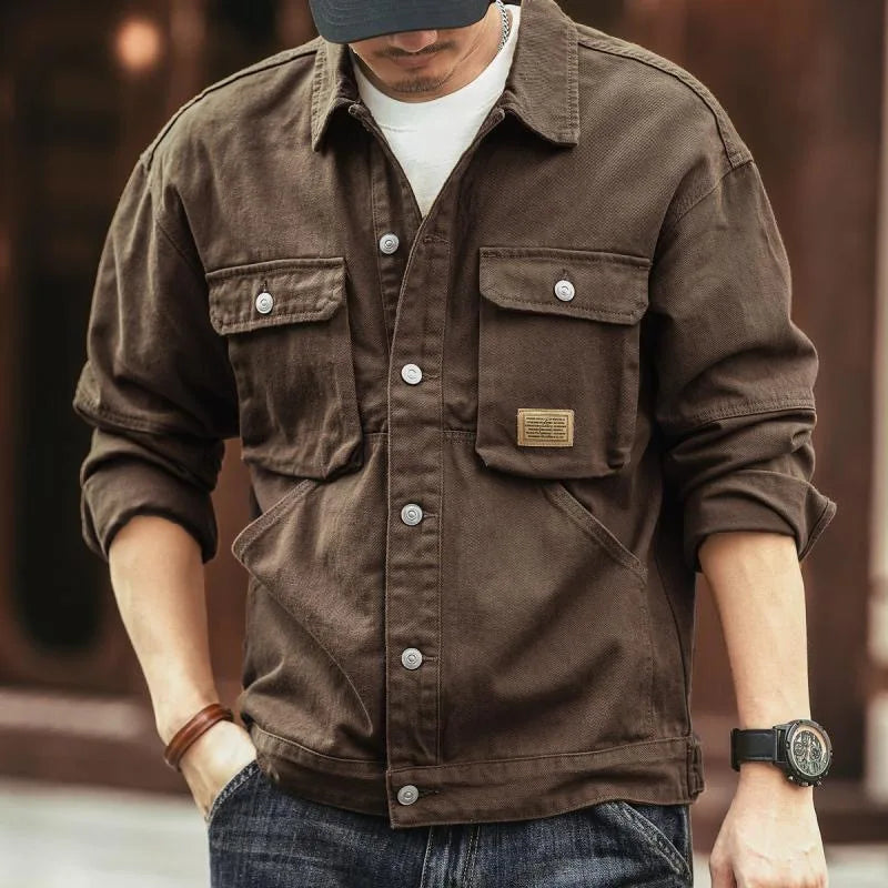 2024 Spring and Autumn New Fashion Solid Color Retro Cargo Jacket Men's Casual Loose Comfortable Large Size Cotton Denim Coat