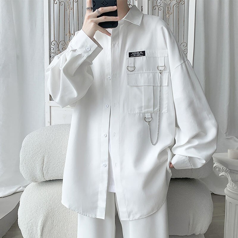 Oversized Shirt For Men Streetwear Long Sleeve Harajuku Chain Fashion Men's Shirts Korean Clothes Branded Men's Clothing