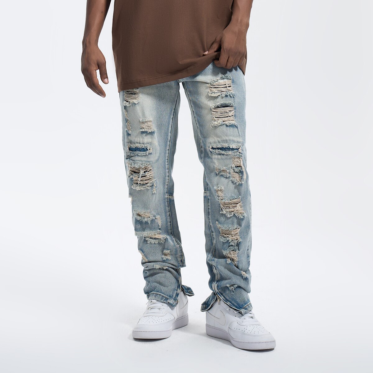 Ripped Jeans Men Half Zip Loose Thin Summer Straight-leg Skinny High Street Casual Distressed Destroy Solid  Hole Denim Pants