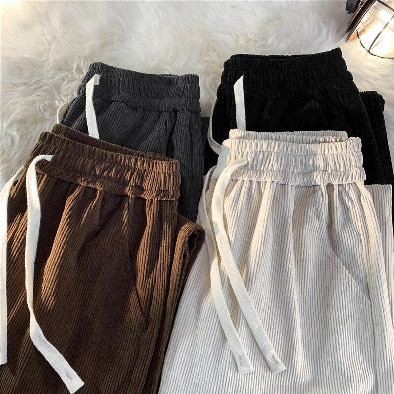 2023 Spring Men's Corduroy Casual Pants Baggy Straight Black Elastic Waist Korean Fashion Streetwear Ankle Wide Leg Sweatpants