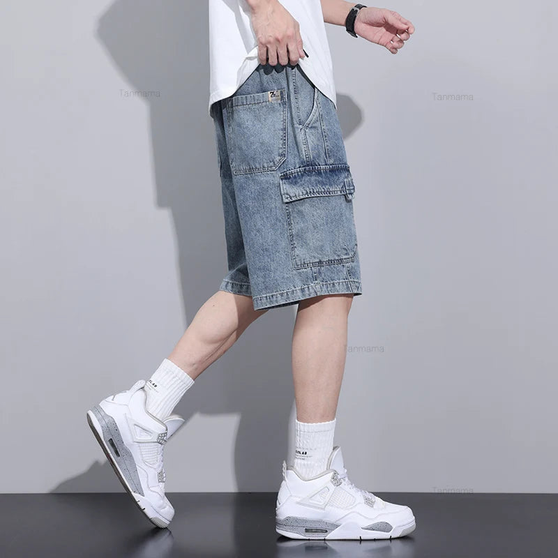 Summer New Men's Denim Shorts Elastic Waist Baggy Casual Knee-length Cargo Pants Fashion Korean Oversized Streetwear Blue Grey