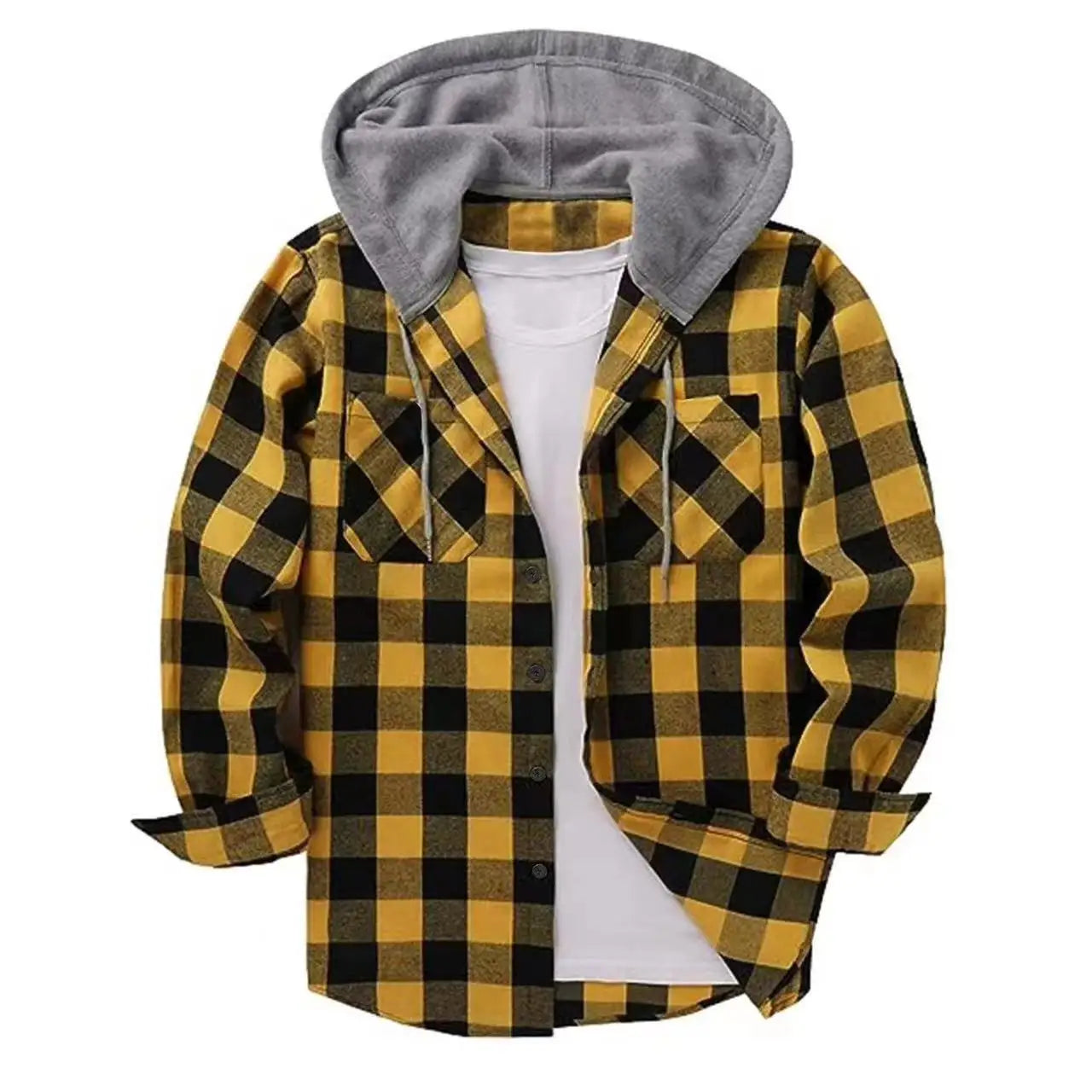 FORUWISH  - Men's Shirts Classic Plaid Casual Button Down Hooded Long Sleeved Double Pockets Shirt Hoodie Flannel Jacket Spring Autumn Tops