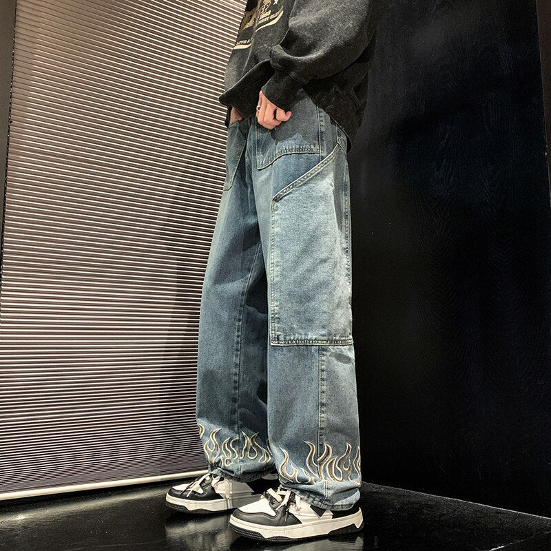 2023 Spring New Personality Embroidery Men's Baggy Jeans Streetwear Loose Straight Denim Trousers Male Brand Clothing