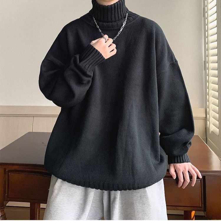 Autumn Winter Fashion Men's Cool Boy Casual Loose Tess Knitted Pullover Turtleneck Sweater Soft Warm Thick