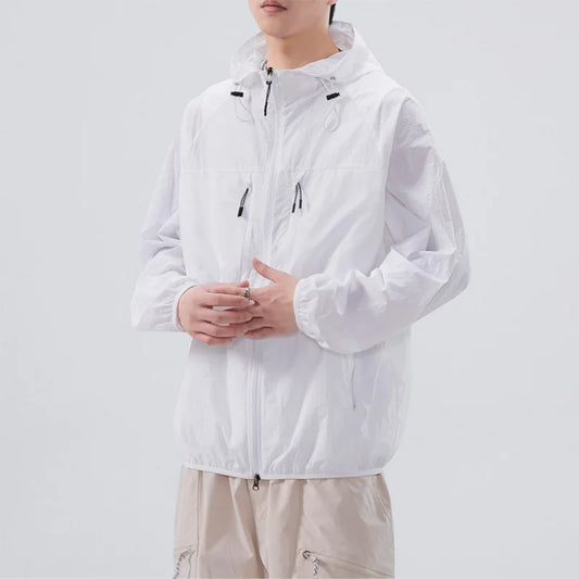 Summer Thin Outdoor Breathable Sunscreen Clothes Men and Women Loose Hooded UV Ice Silk Jacket Zipper Drawstring UPF50+