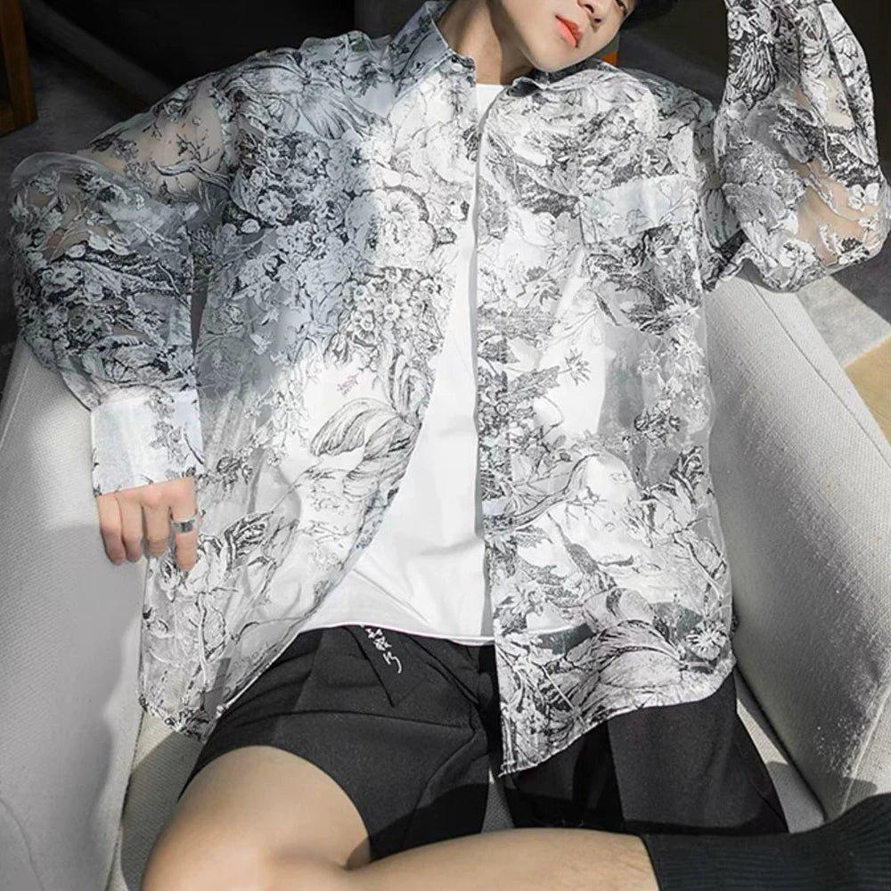 Shirts Men Fashion Mesh Floral Shirt Harajuku Gothic Top Long Sleeve Korean Loose Street Sun-proof Summer Holiday Casual Clothes