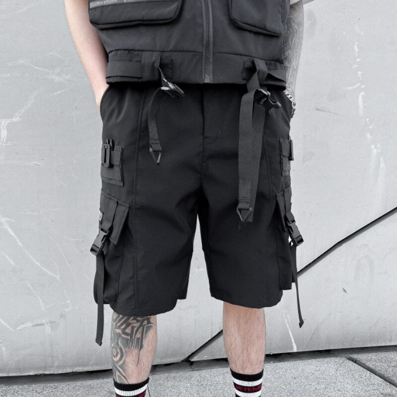 2023 Summer Techwear Cargo Shorts Rinbbons Multi Pockets Punk Hip Hop Short Pants For Man Street Casual Short Homme