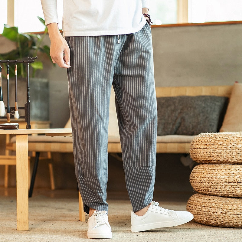 Chinese Style Men's Pants Summer New Striped Cotton Linen Wide Leg Casual Oversized Harem Pants Lantern Trousers Male Clothing