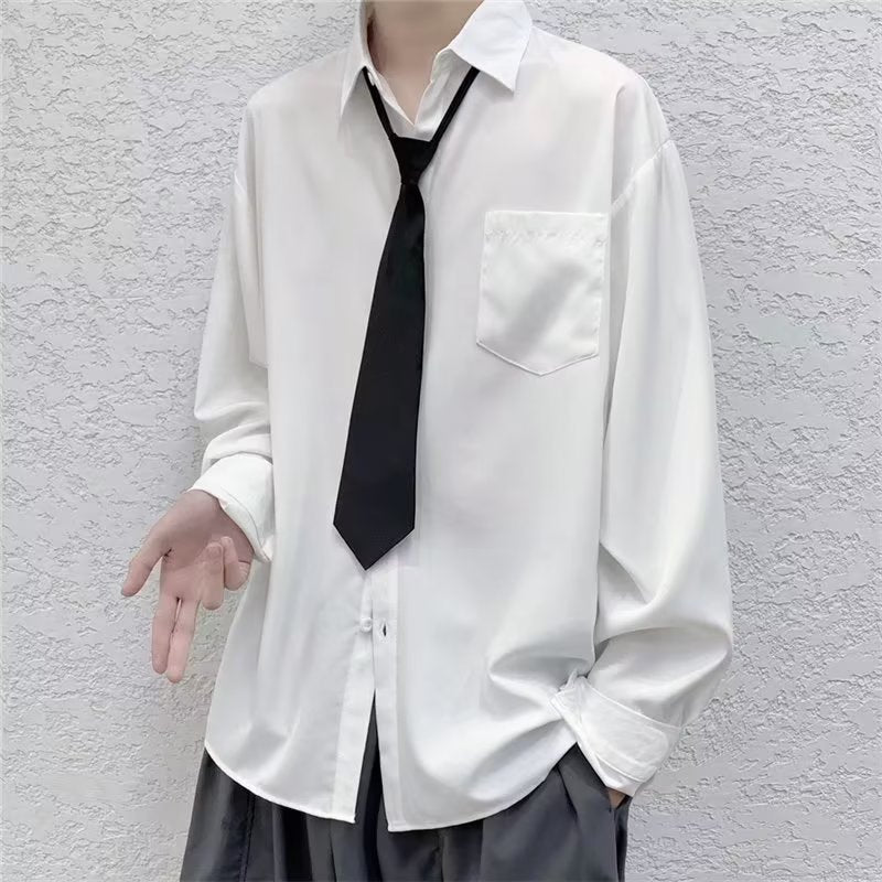 White Solid Shirts With Tie Men's Oversize Long Sleeve Casual Cardigan Fashion Spring Autumn Blouses Unisex Daily All-match Tops