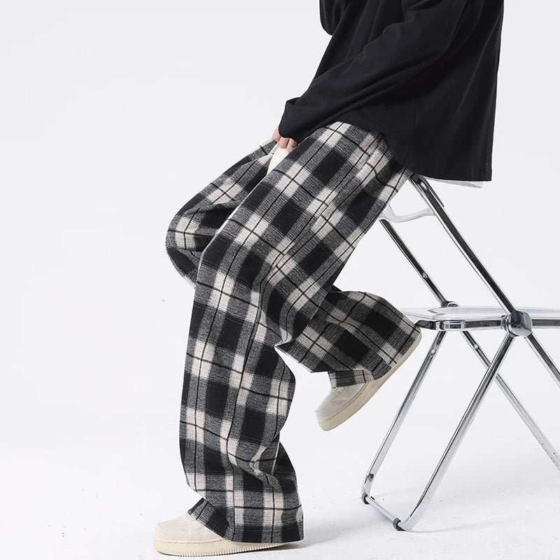 Plus Size Spring Casual Plaid Pants Men Wide Leg Couple Straight Pantalones Harajuku Mopping Oversize 8XL 7XL