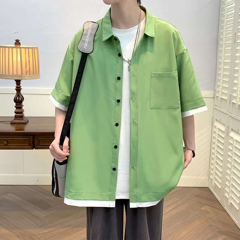 Fake-two Piece Casual Shirts Men Plus Size 5XL Korean Fashion Patchwork Shirt Loose Handsome High Street Blousee