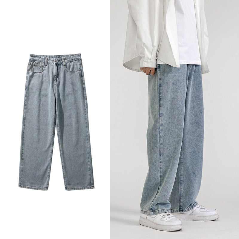 Korean Fashion Men's Baggy Jeans Classic All-match Solid Color Straight-leg Denim Wide-leg Pants Male Light Blue Grey Black