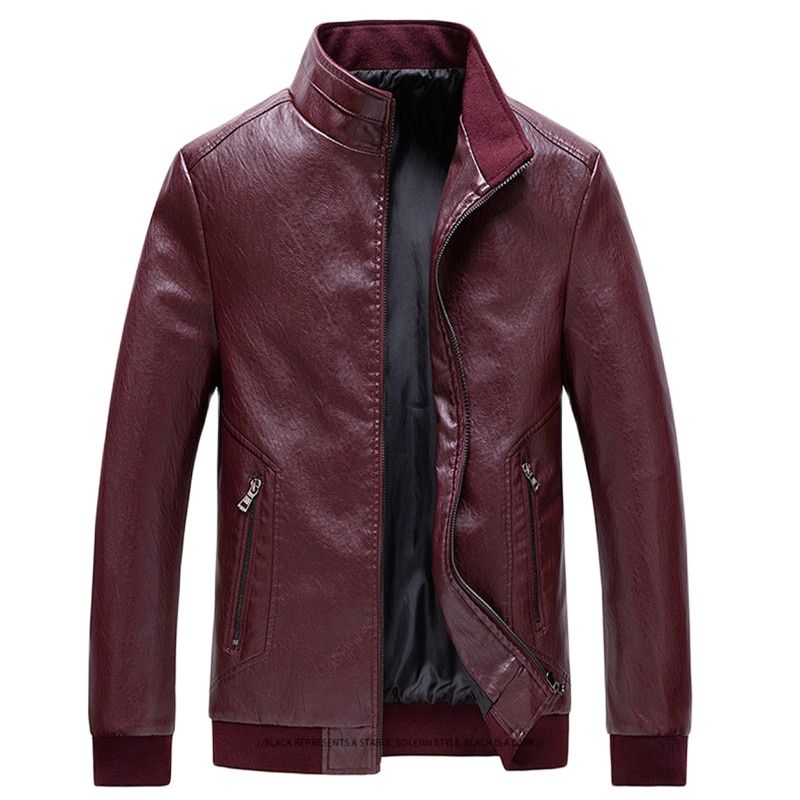 Autumn Winter Mens Motorcycle Jacket  Solid Color Stand Collar PU Leather Jackets Men Casual Moto Biker Coat Zipper Outerwear