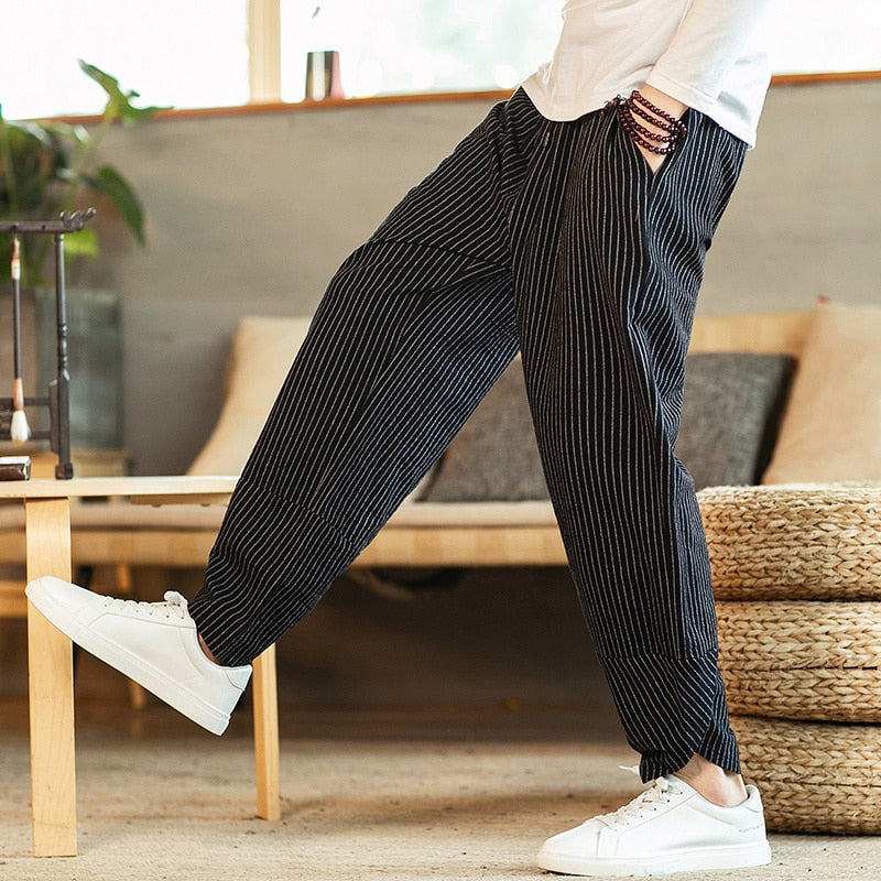 Chinese Style Men's Pants Summer New Striped Cotton Linen Wide Leg Casual Oversized Harem Pants Lantern Trousers Male Clothing